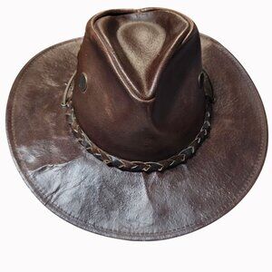 Henschel Brown Distressed Leather Cowboy Hat Braided Band Chin Cord USA Medium